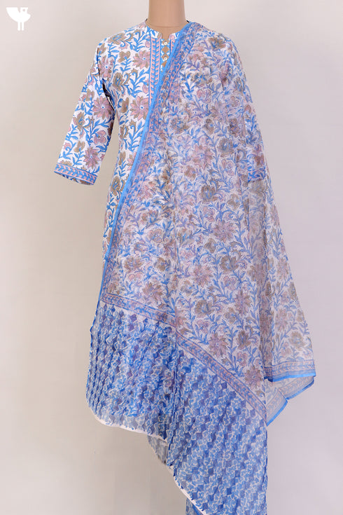 Cambric Cotton Kurta and Kota Doria Dupatta In Graphic Block Print