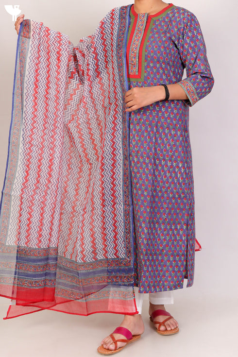 Bizzy Lizzy Kurta With Kota Doria Dupatta Set in Floral Block Print