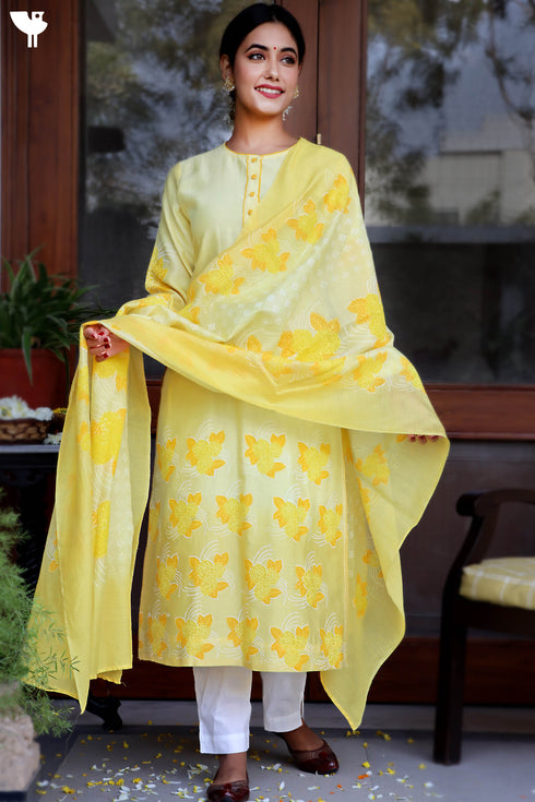 Chanderi Silk Kurta With Dupatta In Golden Yellow Floral Block Print