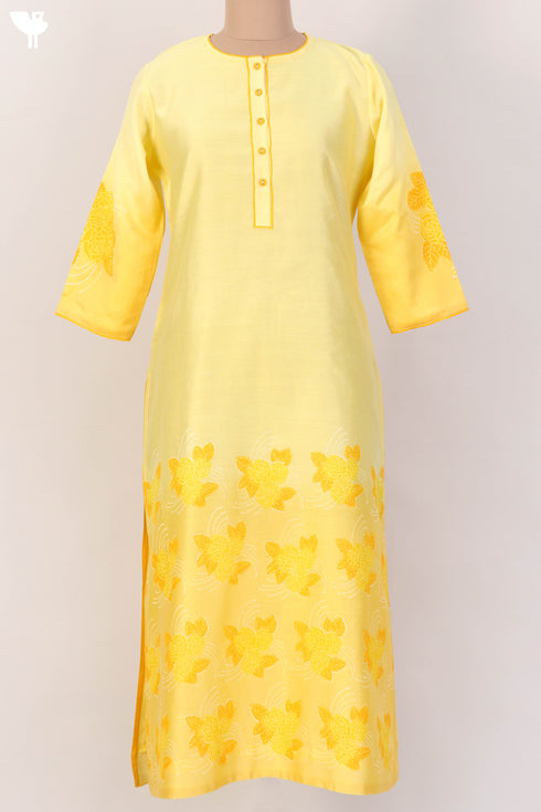 Chanderi Silk Kurta With Dupatta In Golden Yellow Floral Block Print