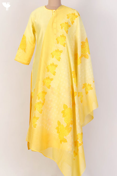 Chanderi Silk Kurta With Dupatta In Golden Yellow Floral Block Print