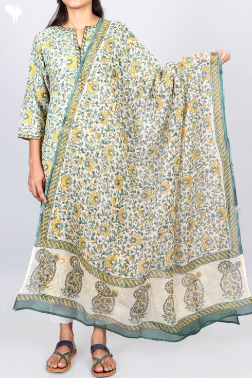 Bizzy Lizzy Kurta With Kota Doria Dupatta in Floral Block Print