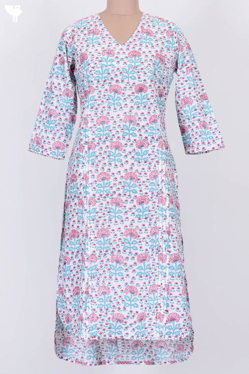 Cotton Slub Kurta With Kota Dupatta in Floral Block Print