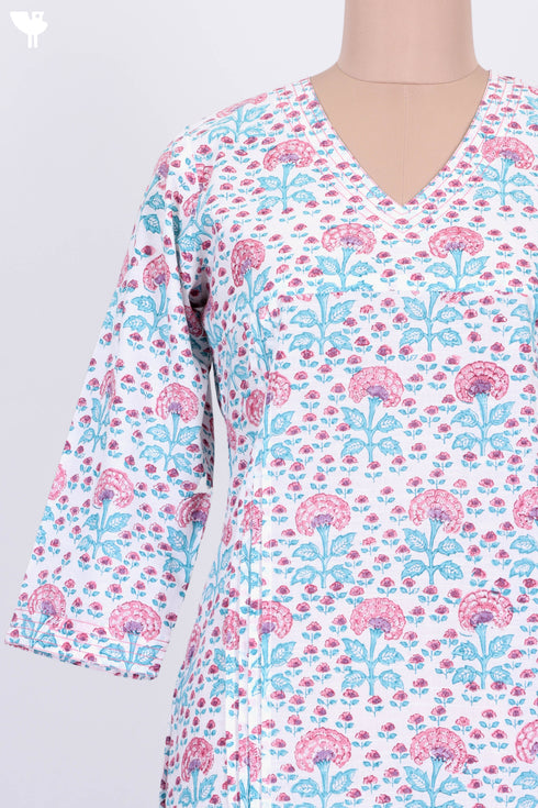 Cotton Slub Kurta With Kota Dupatta in Floral Block Print