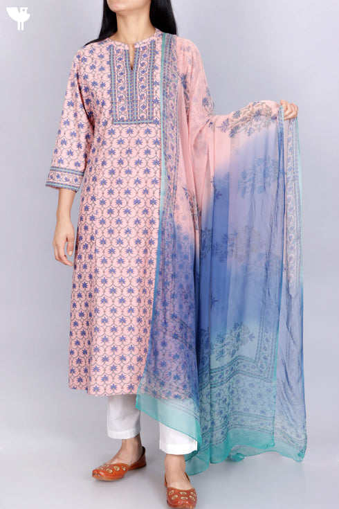 Bizzy Lizzy Kurta With Chiffon Dupatta in Floral Block Print