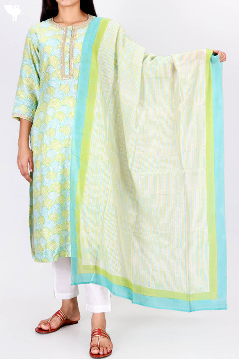 Chanderi Silk Kurta Dupatta Set In Gold Block Print