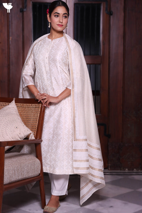 Chanderi Silk Kurta Dupatta Set In Gold Block Print
