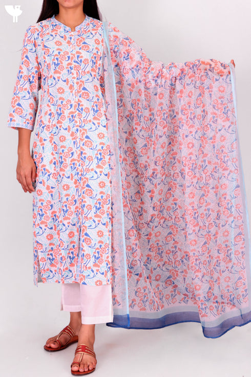 Bizzy Lizzy Kurta With Kota Doria Dupatta in Floral Block Print