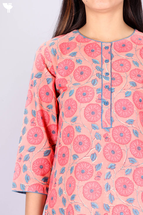 Terry Voile Kurta With Chiffon Dupatta In Floral Block Print