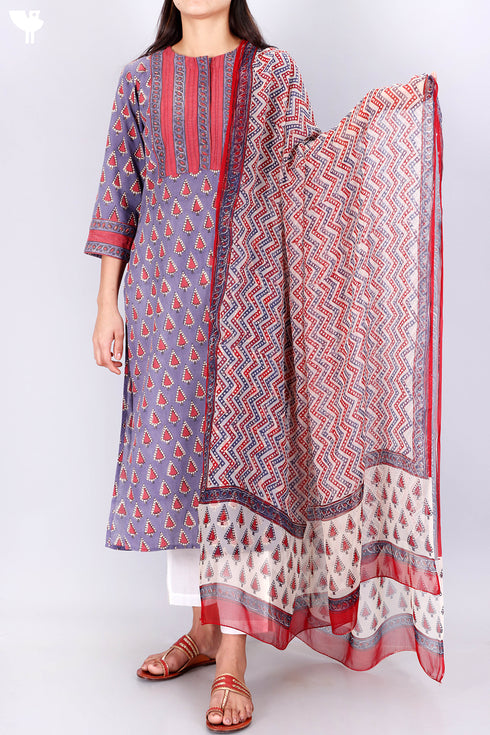 Terry Voile Kurta With Chiffon Dupatta In Graphic Print