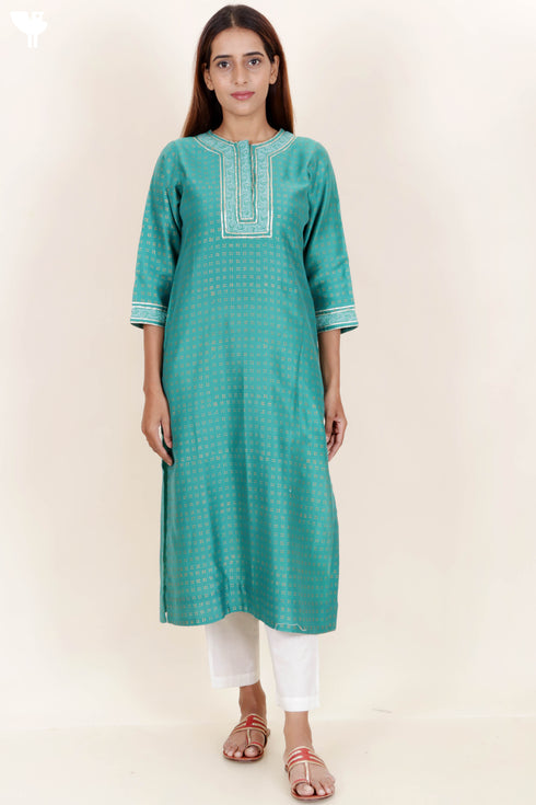 Chanderi Silk Kurta Dupatta Set With Gold Block Print