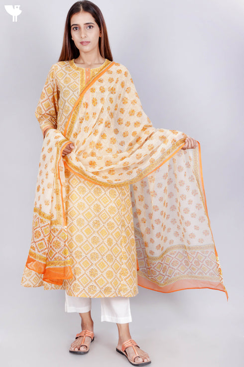 Terry Voile Kurta With Kota Dupatta In Floral Block Print