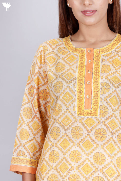 Terry Voile Kurta With Kota Dupatta In Floral Block Print