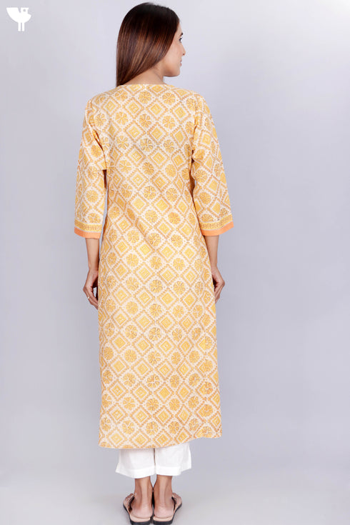 Terry Voile Kurta With Kota Dupatta In Floral Block Print