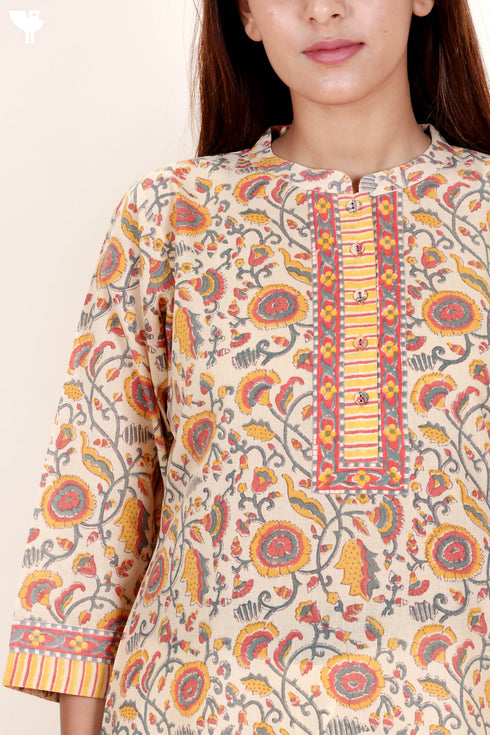 Terry Voile Kurta With Kota Dupatta In Floral Block Print