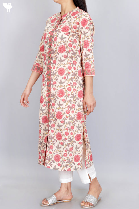 Terry Voile Kurta With Chiffon Dupatta In Floral Block Print
