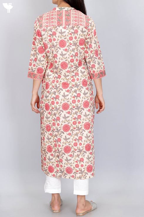 Terry Voile Kurta With Chiffon Dupatta In Floral Block Print