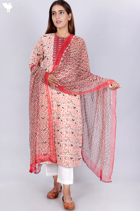 Terry Voile Kurta With Chiffon Dupatta In Block Print