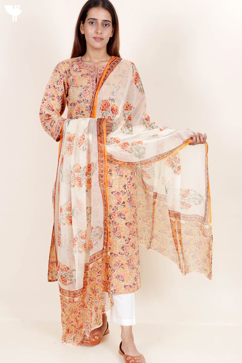 Terry Voile Kurta With Chiffon Dupatta In Floral Block Print