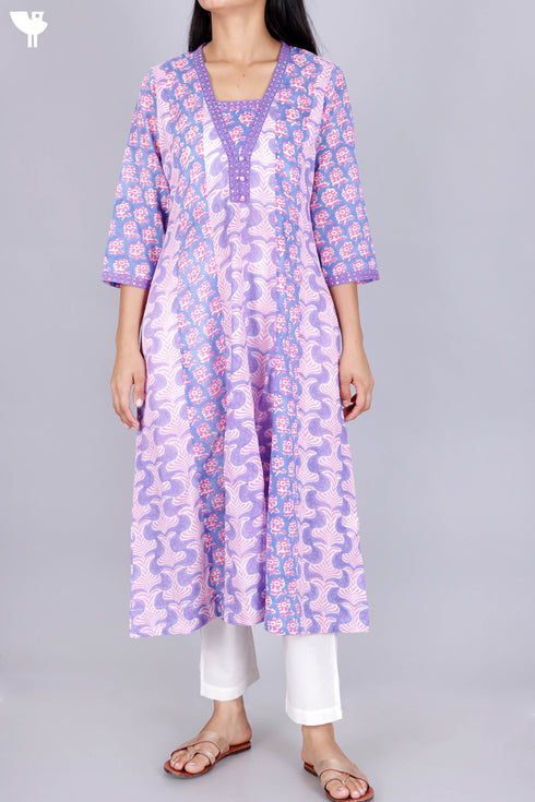 Mulmul Cotton Paneled Kurta With Kota Doria Dupatta in Block Print