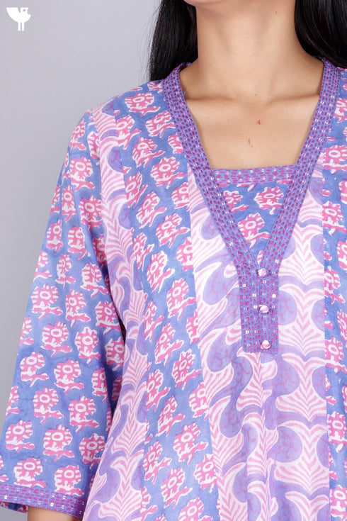 Mulmul Cotton Paneled Kurta With Kota Doria Dupatta in Block Print