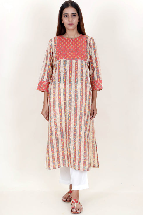 Terry Voile Kurta With Kota Dupatta In Floral Block Print