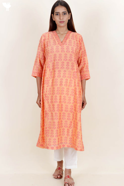 Chanderi Silk Kurta And Dupatta Set With Block Print