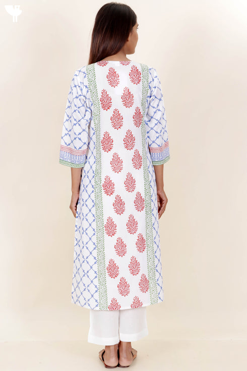 Cambric Cotton Kurta With Kota Dupatta In Floral Block Print