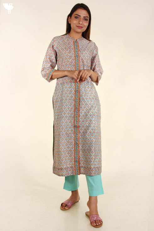 Chanderi Silk Button Down Kurta In Cloud Grey Block Print