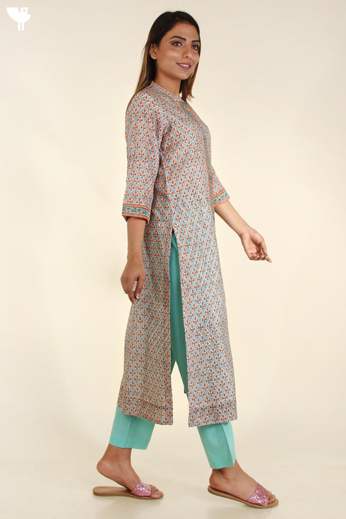 Chanderi Silk Button Down Kurta In Cloud Grey Block Print