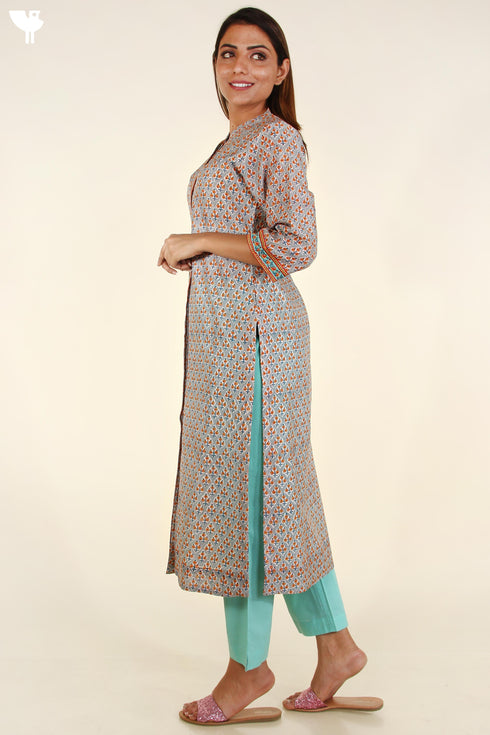 Chanderi Silk Button Down Kurta In Cloud Grey Block Print