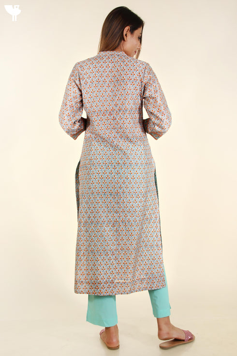 Chanderi Silk Button Down Kurta In Cloud Grey Block Print