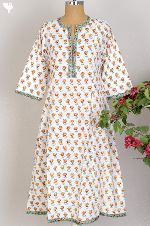 Cambric Cotton Panelled Dress In Floral Block Print