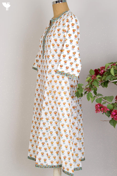 Cambric Cotton Panelled Dress In Floral Block Print