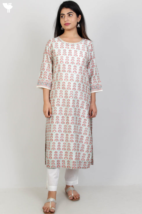 Chanderi Silk Kurta In Floral Block Print With Gota Embroidery