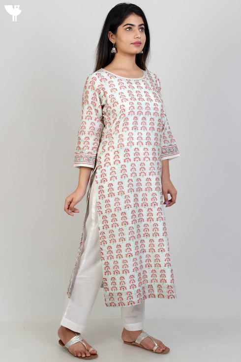 Chanderi Silk Kurta In Floral Block Print With Gota Embroidery