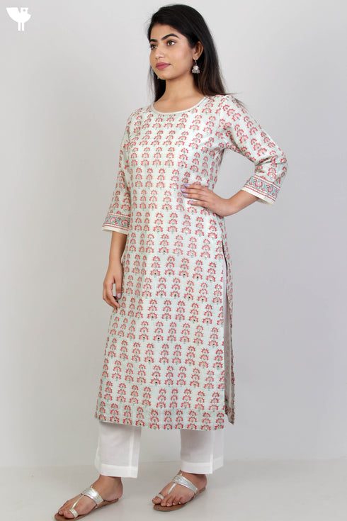 Chanderi Silk Kurta In Floral Block Print With Gota Embroidery