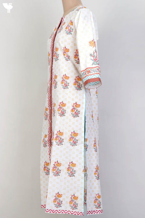 Cambric Cotton Button Down Kurta In Floral Block Print