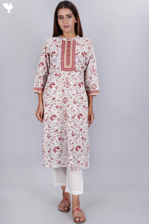 Cambric Cotton Kurta In Floral Block Print