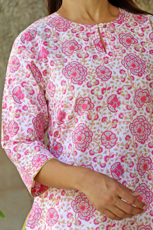 Cambric Cotton Kurta In Floral Block Print