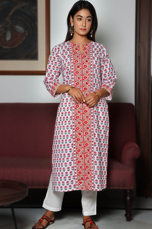 Cambric Cotton Kurta In Floral Block Print