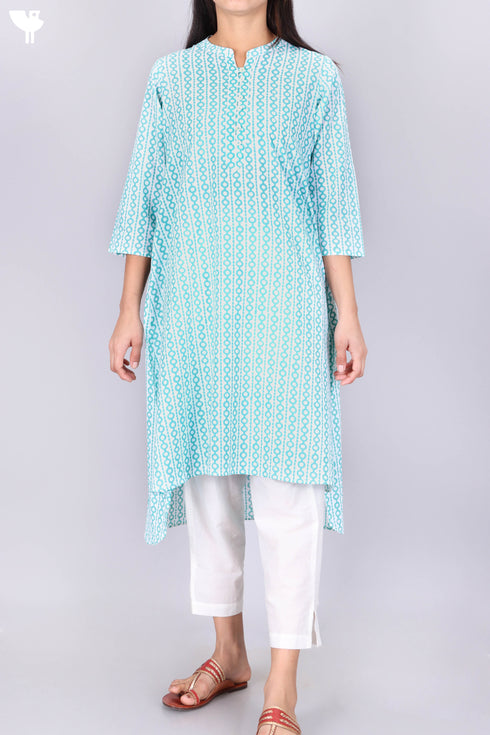Cambric Cotton Kurta In Geometric Block Print