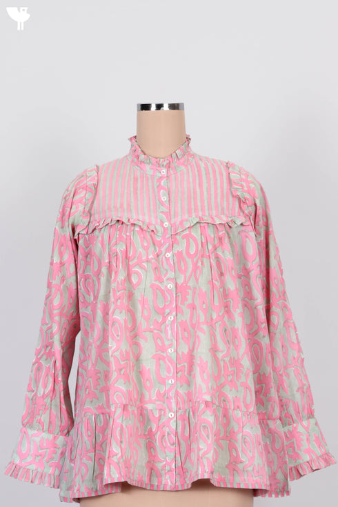 Mulmul Cotton Frilly Top In Striped Block Print