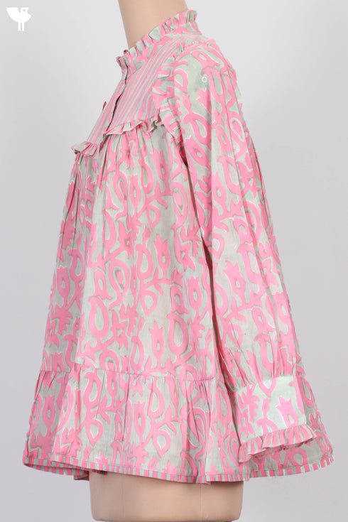 Mulmul Cotton Frilly Top In Striped Block Print