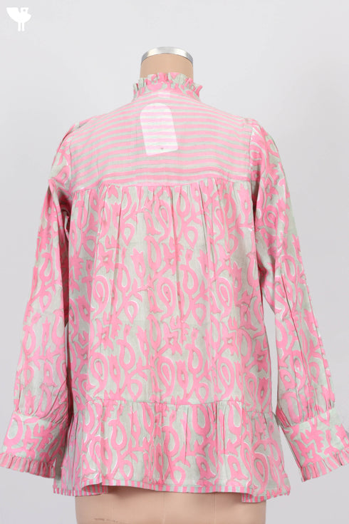 Mulmul Cotton Frilly Top In Striped Block Print