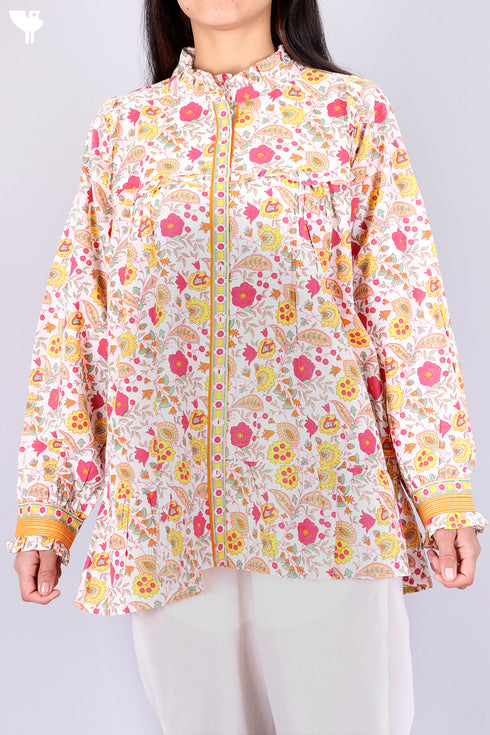 Cambric Cotton Frilly Top In Floral Print