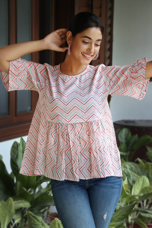 Mulmul Cotton Crop Top In Zigzag Print