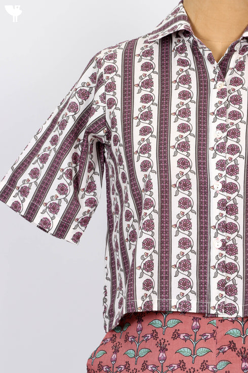 Cambric Cotton Button Down Crop Top In Floral Print