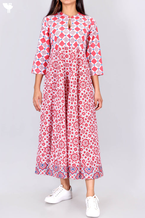 Cambric Cotton MIDI Dress in Graphic Block Print