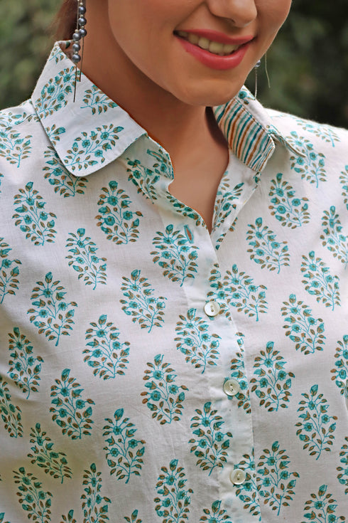 Cambric Cotton Button Down Crop Top In Floral Block Print